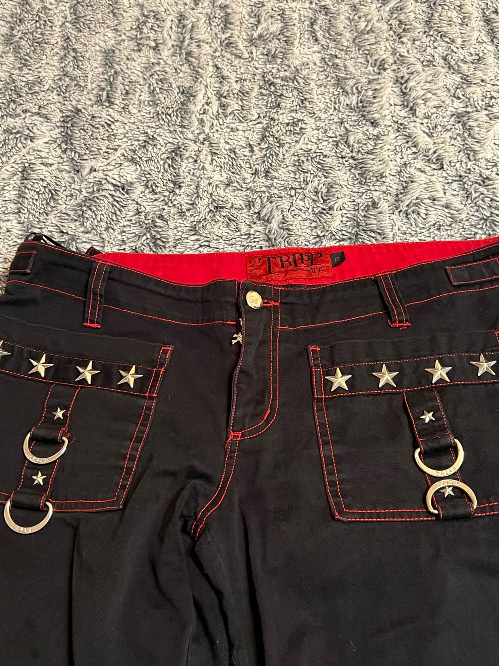 Tripp Nyc Flare Pants Jeans With Straps Size 13 Emo Rave Goth Y2K Stars Skull - Picture 7 of 16